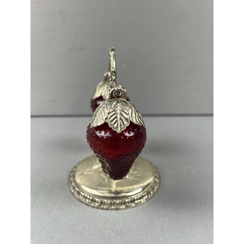 Vintage Kitschy 1950s Glass Strawberry Salt & Pepper Shakers w/ Silver Stand - Picture 4 of 12